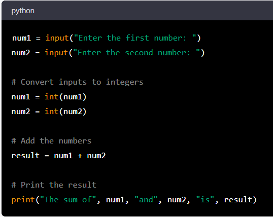Python code to enter and add two numbers